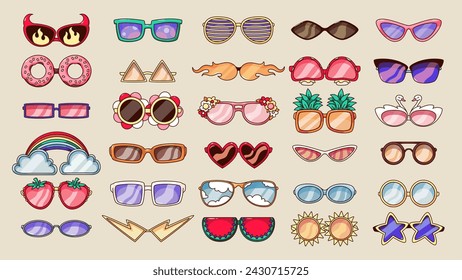 Conjunto de gafas de sol de dibujos animados. Divertidas gafas retro con diferente color y forma, accesorio colorido de moda para la fiesta hippy, colección de pegatinas de gafas de sol de estilo de los años 60 y 70 ilustración vectorial