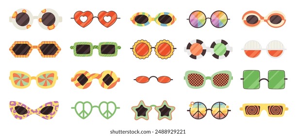 Groovy cartoon sunglasses set. Funny retro glasses with frames of flower and heart, psychedelic rainbow and star, round and square shapes. Boho outfit collection of 70s 80s style vector illustration