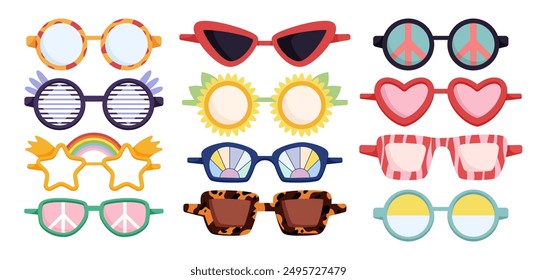 Groovy cartoon sunglasses set. Funny retro eyeglasses for sun protection with animal print on frames, star and flower, heart and round shapes. Eyewear stickers of 60s 70s style vector illustration