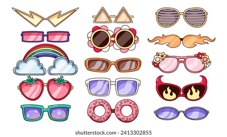 Gafas de sol de dibujos animados Groovy puestas en un estilo hippy retro. Ropa de ojos divertida con flores y arco iris psicodélico, corazón y fuego, forma redonda y estrella. Pegatinas de dibujos animados de gafas de sol ilustraciones vectoriales de los años 70