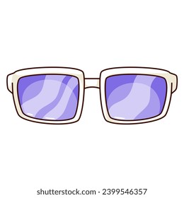 Groovy cartoon sunglasses with square frames. Funny retro eyeglasses with purple glasses and reflection, hippy or hipster eyewear, sunglasses cartoon sticker of 60s 70s style vector illustration