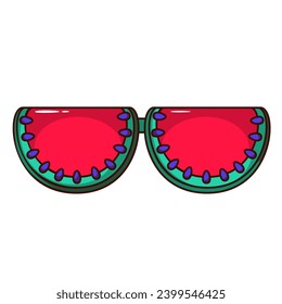 Groovy cartoon sunglasses of watermelon slice shape. Funny retro summer beach accessory with circular frames and hippie vacation vibe, sunglasses cartoon sticker of 60s 70s style vector illustration