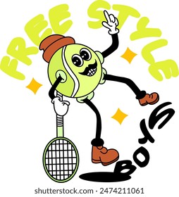 A groovy cartoon tennis ball mascot is posing freestyle to celebrate his Olympic victory