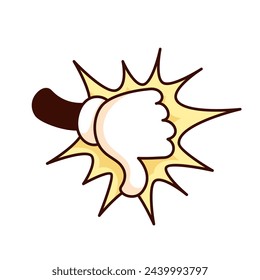 Groovy cartoon thumbs down with pop art speech bubble. Funny retro hand emoji with rejection gesture, dislike and hate mascot, cartoon thumbs down sticker of 70s 80s style vector illustration
