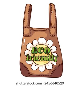 Groovy cartoon tote bag with Eco friendly text and flower. Funny retro shopper with reusable organic material, shopping bag mascot, cartoon ecobag sticker of 70s 80s style vector illustration