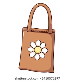 Groovy cartoon tote bag with flower. Funny retro eco cloth shopper or beach handbag with handles and floral decor, fashion accessory mascot, bag cartoon sticker of 60s 70s style vector illustration