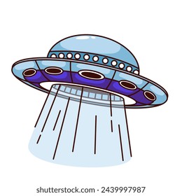 Groovy cartoon UFO flying. Funny retro blue saucer spaceship with light beams, contact, abduction and alien attack mascot. Cartoon cute fantasy UFO sticker of 70s 80s style vector illustration