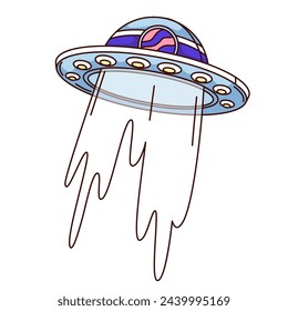 Groovy cartoon UFO with smoke or light beam. Funny retro comic round spaceship of aliens in galaxy, 51 area and UFO attack mascot, cartoon flying saucer sticker of 70s 80s style vector illustration