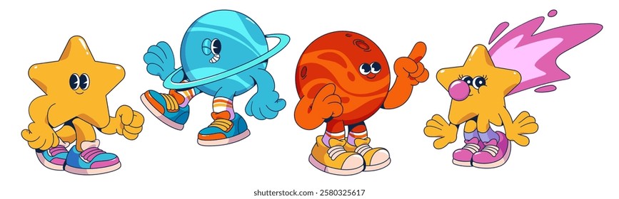 Groovy cartoon universe characters set with expressive celestial bodies in sneakers. Yellow stars, blue planet, red Mars and cosmic comet with pink bubble gum. For children astronomy education.