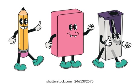 Groovy cartoon, vector illustration of a pencil, eraser and a school sharpener. vector illustration