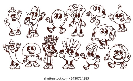 Groovy cartoon vegetable characters set. Funny retro personages walking or greeting with smiles on faces, cartoon food mascots and vegetable stickers collection of 70s 80s style vector illustration