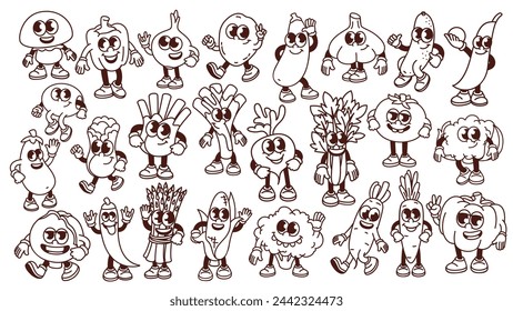 Conjunto de personajes de vegetales de dibujos animados. Divertida colección de mascotas vegetales retro, pegatinas de dibujos animados de tomate papa cebolla col pepino brócoli pimentón chile en los años 70 80 estilo ilustración vectorial