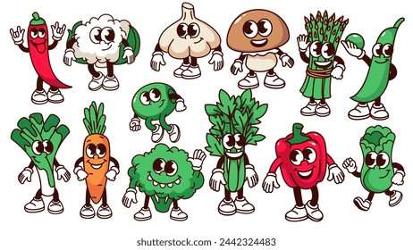 Conjunto de personajes de vegetales de dibujos animados. Divertido retro saludable diferentes mascotas vegetales colección, pegatinas de dibujos animados de apio verde feliz puerro zanahoria brócoli chile 70 años 80 estilo ilustración vectorial