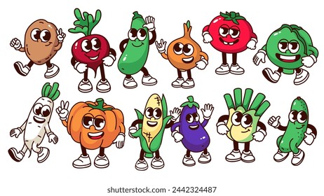 Groovy cartoon vegetable characters set. Funny retro root and leaf vegetable mascots, cartoon stickers of tomato pumpkin broccoli eggplant cucumber potato cabbage in 70s 80s style vector illustration