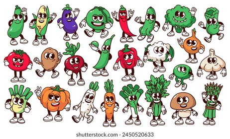 Groovy cartoon vegetable characters set. Funny retro positive personages walking to healthy dinner, happy vitamin vegetables mascots, cartoon emoji and stickers of 70s 80s style vector illustration