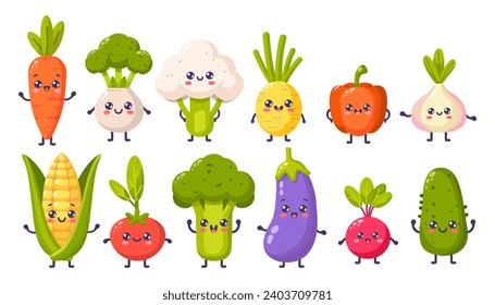 Groovy cartoon vegetables set. Happy cute vegetables characters with plants with smiling face, graphic elements isolated collection. Vector food illustration.