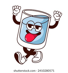 Groovy cartoon water glass character with sticking tongue. Funny clear cup with blue water walking with hands up. Retro mascot in confident pose, cartoon sticker of 60s 70s style vector illustration