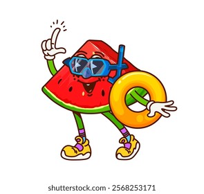 Groovy cartoon watermelon cute character swimming and diving. Summer juicy fruit cheerful groovy isolated vector character, watermelon piece cute mascot in diving mask and swimming inflatable ring