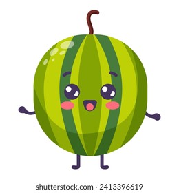 Groovy cartoon watermelon. Happy cute fruit character, plant with smiling face, funny berry, graphic elements isolated collection. Vector food illustration.
