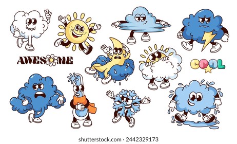 Groovy cartoon weather characters and stickers set. Funny retro walking sun and cloud, running snowflake. Weather forecast and meteorology mascot, cartoon stickers of 70s 80s style vector illustration