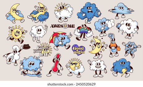 Groovy cartoon weather characters and typography stickers set. Funny retro personages for comic weather forecast, meteorology mascots, cartoon climate emoji of 70s 80s style vector illustration