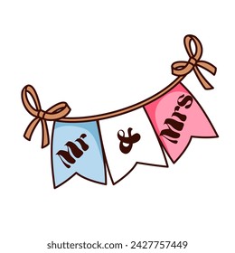 Groovy cartoon wedding flags with Mr and Mrs text. Funny retro decorative garland for marriage party celebration, wedding and love mascot, cartoon sticker of 70s 80s style vector illustration