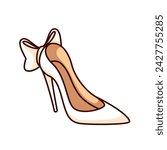 Groovy cartoon wedding shoe of bride. Funny retro elegant white shoe with high heel and bow, marriage and bridal luxury accessories mascot, cartoon sticker of 70s 80s style vector illustration