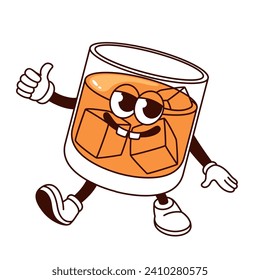 Groovy caricatura de whisky de vidrio con los pulgares hacia arriba. Taza divertida de whisky de brandy o bourbon con cubos de hielo, mascota retro de bebida alcohólica dura, pegatina de dibujos animados de ilustraciones vectoriales estilo años 70