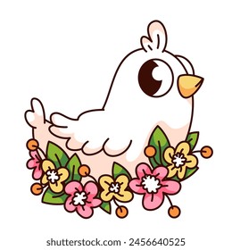 Groovy cartoon white bird sitting in wild flowers. Funny retro bird with romantic blossom decoration. Summer and spring life, nature mascot, cartoon sticker of 70s 80s style vector illustration