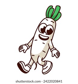 Groovy cartoon white radish character walking. Funny retro root vegetable with green leaf, radish mascot with arms and legs, cartoon veggie harvest sticker of 70s 80s style vector illustration