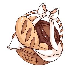 Groovy cartoon wicker basket of bread. Funny retro picnic hamper with ribbon bow and whole baked baguette, loaf and buns. Bakery mascot, cartoon bread sticker of 70s 80s style vector illustration