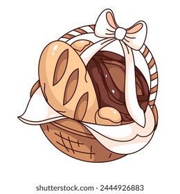 Groovy cartoon wicker basket of bread. Funny retro picnic hamper with ribbon bow and whole baked baguette, loaf and buns. Bakery mascot, cartoon bread sticker of 70s 80s style vector illustration