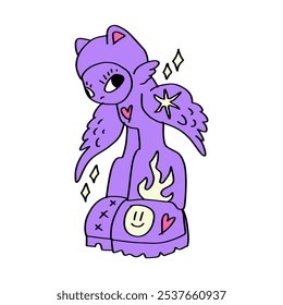 Groovy cartoon y2k violet purple color cartoon character sketch doodle illustration clip-art. Good for stickers, t shirt print and more.