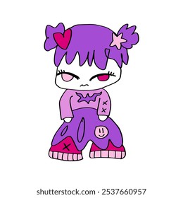 Groovy cartoon y2k violet purple color cartoon character sketch doodle illustration clip-art. Good for stickers, t shirt print and more.