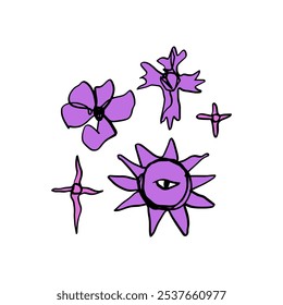 Groovy cartoon y2k violet purple color cartoon character sketch doodle illustration clip-art. Good for stickers, t shirt print and more.