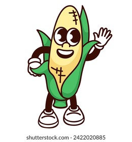 Groovy cartoon yellow corn character with green leaf waving. Funny retro vegetable with hand up, greeting maize mascot, cartoon corn cob emoji and food sticker of 70s 80s style vector illustration