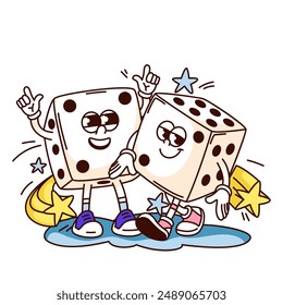 Groovy casino dices cartoon characters with happy smiles. Funny retro gambling table game cubes. Luck and win mascot, cartoon two white dices with dots sticker of 70s 80s style vector illustration