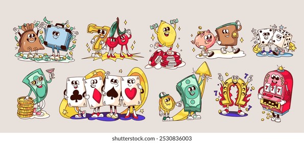 Groovy juego de juego de casino y juego de personajes de dibujos animados de jackpot. Divertidos personajes retro de la suerte con caras felices, mascotas de victoria de casino de juego. Colección de pegatinas de dibujos animados de la Ilustración vectorial de los años 70 y 80