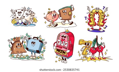 Groovy casino win chance and jackpot cartoon characters set. Funny retro slot machine and dices, horseshoe and money bags. Gambling, casino mascots, cartoon stickers of 70s 80s vector illustration