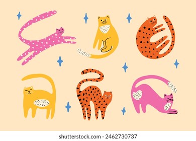 Groovy cat cartoon set in colorful illustration style. Playful feline poses. Bundle with pet little tigers and leopards. Vector.  