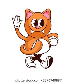 Groovy cat character vector illustration. Cartoon isolated retro animal sticker of positive red kitten with trippy face and happy smile, tail and ears walking and waving, crazy cat mascot greeting