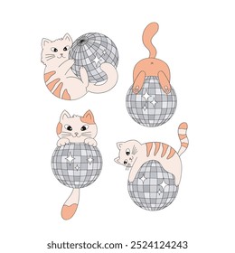 Groovy cat with disco ball vector clip-art set isolated on white. Cat vibes illustration