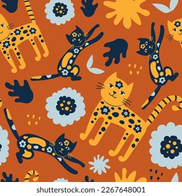 Groovy cats seamless pattern. Bright abstract kittens with flowers and leaves. Modern pet background in Scandinavian style for kids, textile. Vector illustration