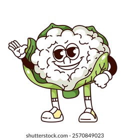 Groovy cauliflower cartoon character waving hand. Funny retro happy vegetable greeting with cute smile to say Hello. Food mascot, cartoon cauliflower sticker of 70s 80s style vector illustration