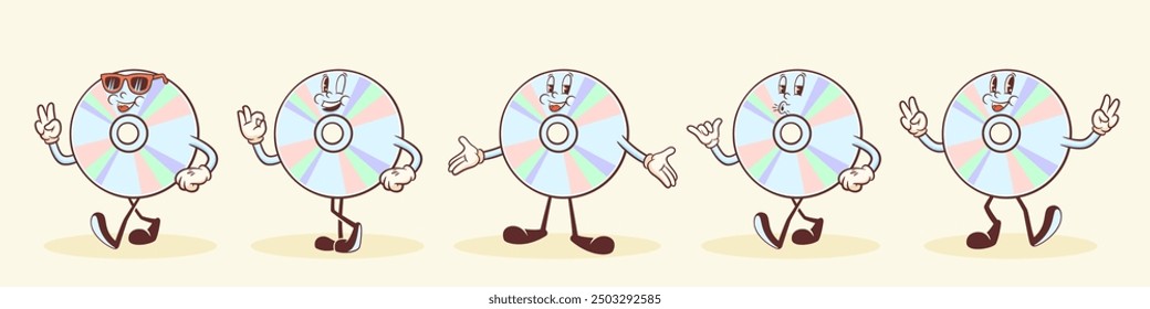 Groovy CD Retro Characters Set. Cartoon Music Compact Disk Record Personage Walking, Dancing and Smiling. Vector Funny Disco Mascot Templates Collection. Happy Vintage Cool Illustrations. Isolated