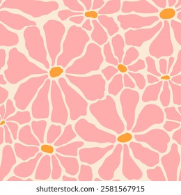 Groovy chamomile flowers seamless vector pattern. Floral background in 1970s Hippie retro style. Flower Power. Vector endless illustration