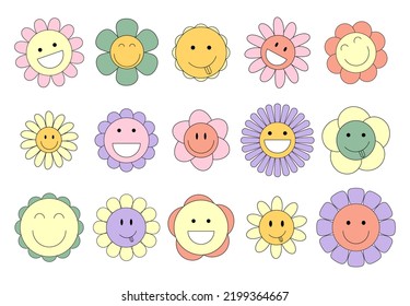 Groovy chamomile hippie 70s set vector. Funny cartoon flower  in trendy retro trippy y2k style. Sticker plants pack in trendy retro psychedelic cartoon style. Pop culture illustration elements.