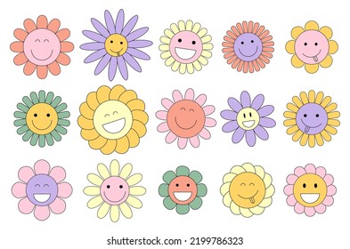 Groovy chamomile hippie 70s set vector. Funny cartoon flower  in trendy retro trippy y2k style. Sticker plants pack in trendy retro psychedelic cartoon style. Pop culture illustration elements.