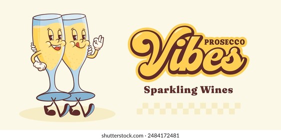 Groovy Champagne Glass Retro Characters Banner. Cartoon Wine Party Walking and Smiling. Vector Celebration Beverage Mascot Template. Happy Vintage Cool Prosecco Illustration. Isolated