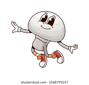 Groovy champignon vegetable character. Isolated cartoon vector cheerful mushroom personage happily jumping. Hippie fungus with expressive eyes wearing retro sneakers, with a happy and relaxed face